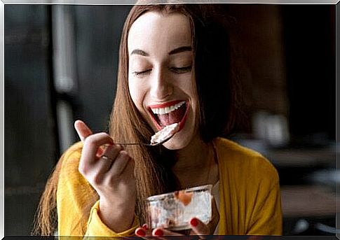 woman eating dessert