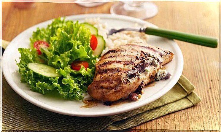 Chicken breast with salad and rice